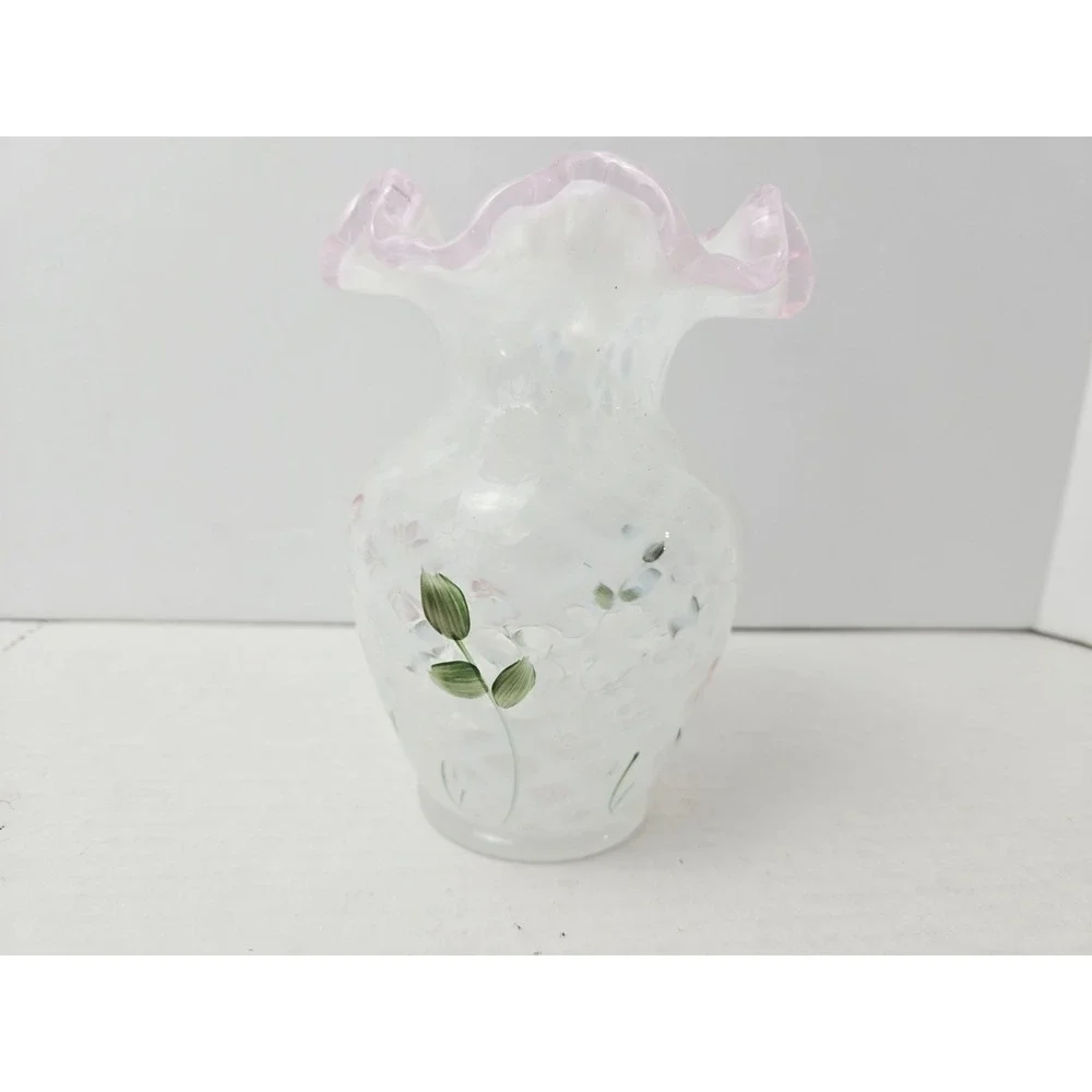 Fenton Glass vase painted flowers 5 3/4